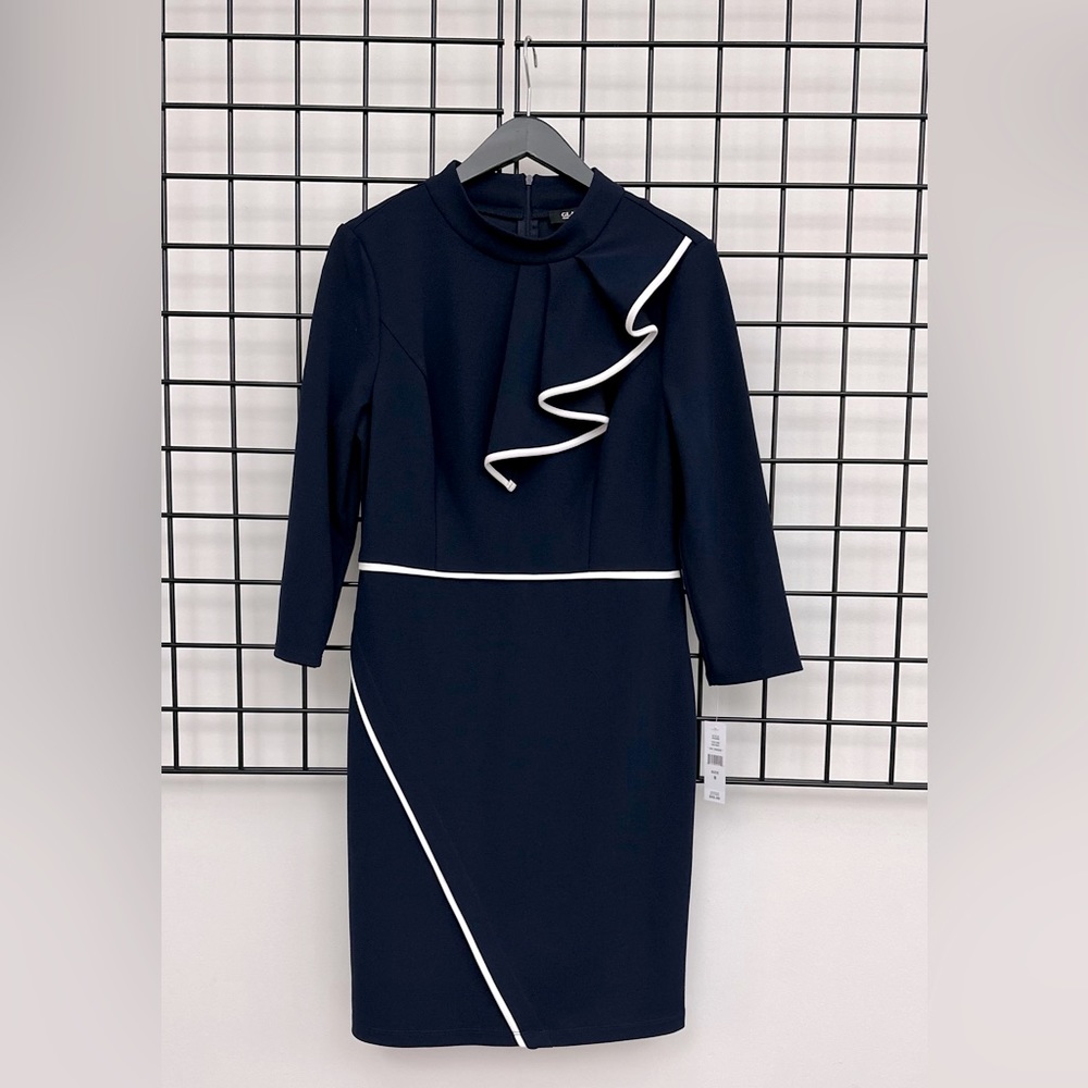 NWT Glamour Navy Tipped Scuba Crepe Ruffle Neck Sheath - Picture 5 of 7